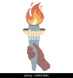 Hand holding a torch. Sport symbol, flat vector illustration design. Pixel art style. Dot art. Mosaic. Vector illustration. Stock Vector
