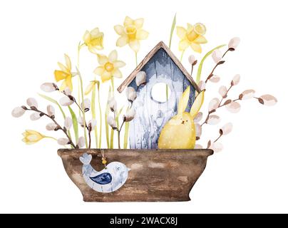 Handmade Watercolor Birdhouse And Potted Daffodils Make Perfect Easter Decor Stock Photo