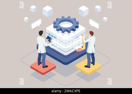 Isometric database and cloud data storage concept, server room, accumulation of information Stock Vector