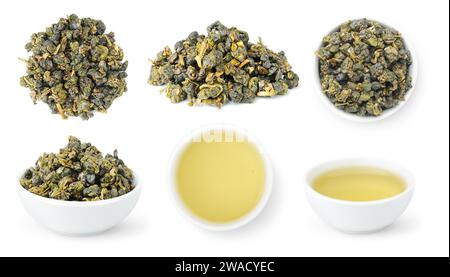 Taiwan Jin Xuan Oolong, collection of loose leaves and bowls of brewed oolong tea isolated on white background Stock Photo