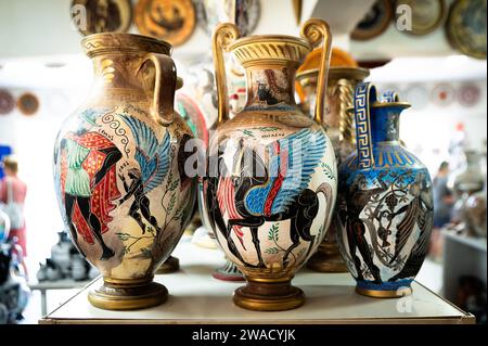 October 19 3023, Rhodes, Greece : antique greek pottery with typical design hand made Stock Photo