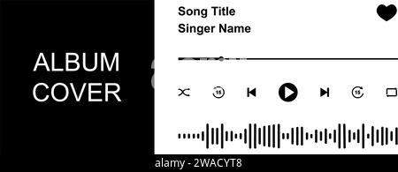 Design of music player app interface with song photo frame, buttons, loading bar and sound wave elements. Horizontal arrangement. Vector graphic illustration isolated on white background Stock Vector