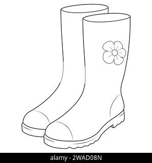 Illustration with rubber boots. Line drawing, vector graphics. Black and white picture for coloring. Vector illustration Stock Vector