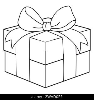 Gift boxe with ribbon bow. Holiday doodle icons for birthday, New year, Christmas, wedding. Celebration concept in minimalism design. Coloring page. Black and white Vector illustration Stock Vector