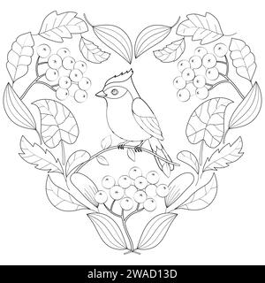 Heart of autumn leaves with bird. Black and white. Coloring page for kids and adults. Vector illustration. Cute wreath with bird autumn leaves. Antistress freehand sketch drawing. Vector illustration Stock Vector
