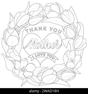 Mothers day wreath. Mothers day greeting card with beautiful blossom tulip. Coloring page for kids and adults. Black and white Vector illustration Stock Vector