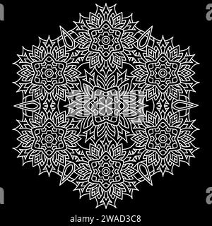 Mandala line art designs on black background. Coloring page for kids and adults. Patterns for relaxation and meditation. Vector illustration Stock Vector