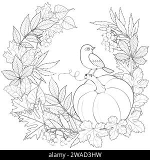 Bird on a pumpkin in a wreath of autumn leaves black and white vector illustration. Coloring page for kids and adults. Stock Vector