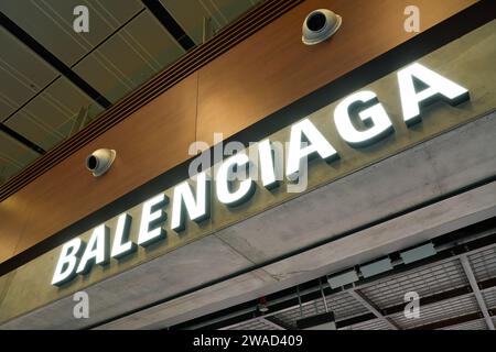 SINGAPORE - NOVEMBER 07, 2023: close up shot of Balenciaga sign as seen in Singapore Changi Airport. Stock Photo