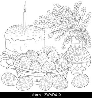 Easter basket with eggs, flowers and Easter cake. Coloring page for kids and adults. Page for relaxation and meditation. Vector illustration Stock Vector