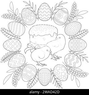 Easter egg wreath with chickens and Easter cake. Coloring page for kids and adults. Patterns for relaxation and meditation. Vector illustration Stock Vector