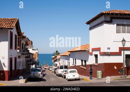 Street in Puerto Vallarta with ocean in the background Stock Photo