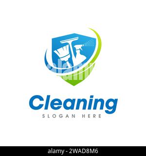 Cleaning Service Logo Design. Cleaner equipments broom, squeegee, and spray isolated on shield shape Stock Vector