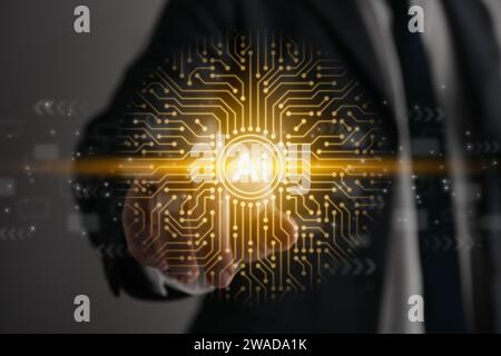 Businessman Touch Screen and AI Artificial Intelligence Icon and PCB Printed Circuit Board Line. Business,Technology and Machine Learning Concept Stock Photo