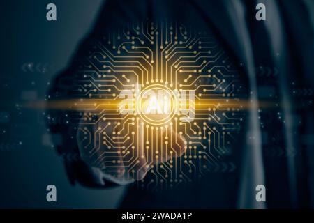 Businessman Touch Screen and AI Artificial Intelligence Icon and PCB Printed Circuit Board Line. Business,Technology and Machine Learning Concept in V Stock Photo