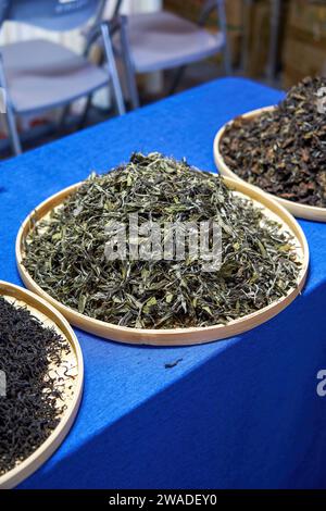 Close-up of a pile of Chinese tea leaves on a dustpan Stock Photo