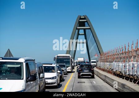 Construction site on the Fehmarnsund Bridge, road, federal road, bridge construction, traffic jam, Schleswig-Holstein, Germany Stock Photo