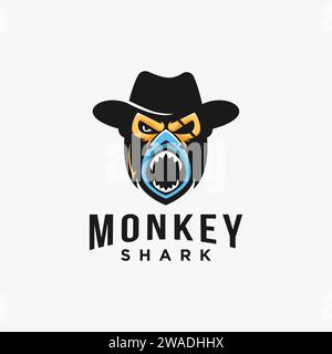 Powerful monkey with cowboy hat and shark logo icon vector template on white background Stock Vector