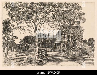 Walt Whitman's birth place in West Hills, New York, USA, etching by Childe Hassam ca 1927 Stock Photo