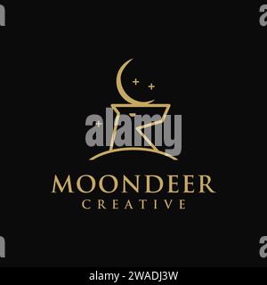 Abstract minimalist moon and deer head logo icon vector template on black background Stock Vector