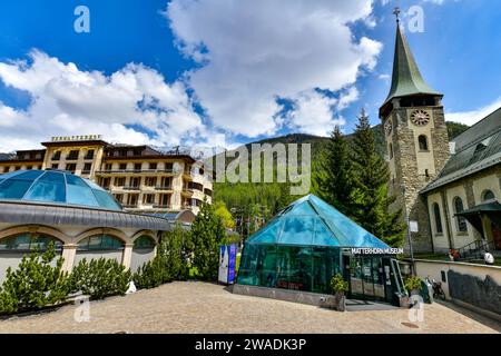 Zermatt, Switzerland 22-5,2023:Houses and buildings in Zermatt, a rural town in the Alps. Located in the state of Valais. Famous for its ski resorts a Stock Photo