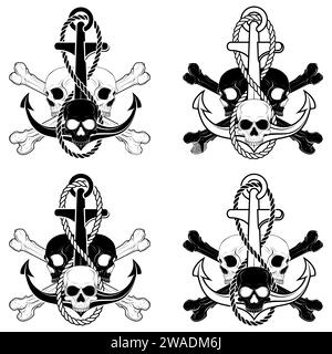 Vector illustration of skulls with an anchor with rope and bones, all on dark background, easy to edit Stock Vector