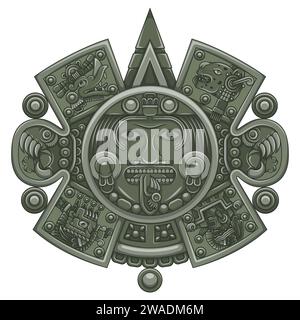 Vector design of Aztec calendar, monolithic disk of the ancient Mexica, sun stone of the Aztec civilization Stock Vector