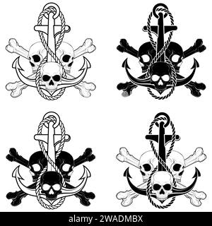 Vector illustration of skulls with an anchor with rope and bones, all on dark background, easy to edit Stock Vector