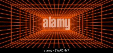 Glowing neon wireframe room floors ceiling, wall background. Red grid room in perspective. Bright retro futuristic wallpaper. Abstract checkered plane landscape. Game horizon surface. Vector backdrop Stock Vector
