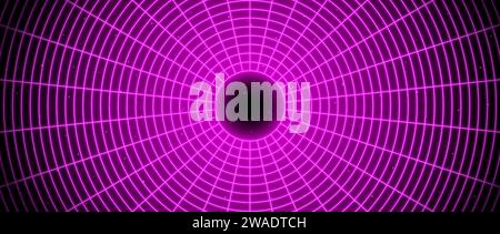 Pink glowing wireframe tunnel. Neon wormhole in dark space with stars. Magenta grid tunnel in perspective. Funnel or portal illusion. Circular mesh structure tube. Vector optical illusion art Stock Vector