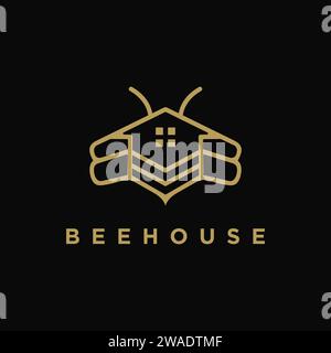Abstract minimalist lineart Bee house logo icon vector template on black background Stock Vector