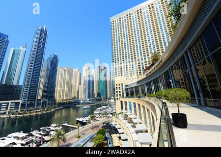 Modern skyline along the promenade of the Dubai Marina in Dubai, UAE. Stock Photo