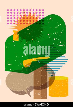 Risograph Mailbox with speech bubble with geometric shapes. Objects in trendy riso graph print texture style design with geometry elements. Stock Vector