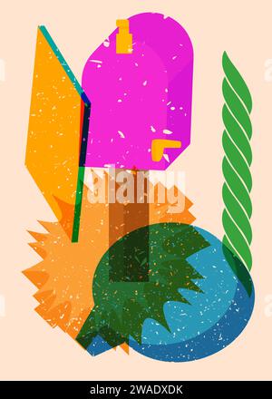Risograph Mailbox with speech bubble with geometric shapes. Objects in trendy riso graph print texture style design with geometry elements. Stock Vector