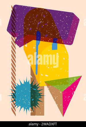Risograph Mailbox with speech bubble with geometric shapes. Objects in trendy riso graph print texture style design with geometry elements. Stock Vector