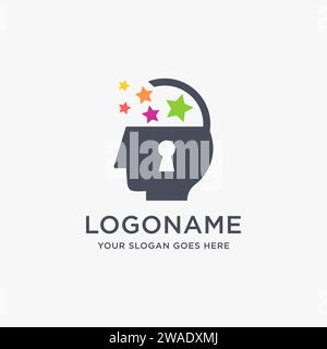 abstract open padlock human brain logo icon vector template on white background Stock Vector