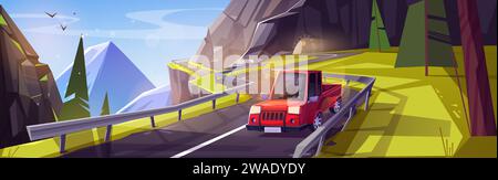 Auto driving curvy mountain road. Vector cartoon illustration of man in car on dangerous winding highway, cliff tunnel arch, rocky landscape with green fir trees, birds flying in blue sunny sky Stock Vector