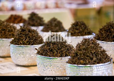 Close-up of high-end Chinese tea for sale in tea shop Stock Photo