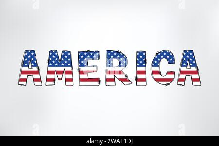 A graphical stylized word America with an American flag pattern. Stock vector illustration isolated on white background. Stock Vector