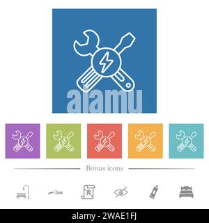 Electric maintenance outline flat white icons in square backgrounds. 6 bonus icons included. Stock Vector