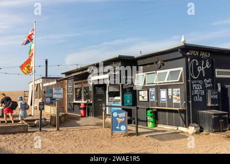 West Bay Bridport, on the Dorset coast, cafe and ice cream shop on the sand,England,UK,2023 Stock Photo