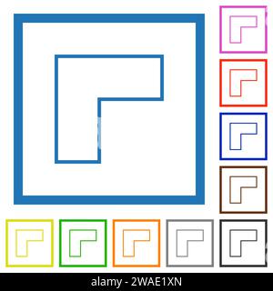 Top left 90 degrees angle arrow outline flat color icons in square frames on white background Stock Vector