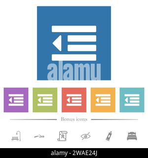 Decrease text indentation flat white icons in square backgrounds. 6 bonus icons included. Stock Vector