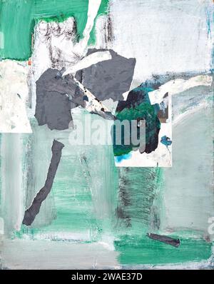 Abstract colored background from painted patches in green, blue, white and gray colors of oil paint on canvas. Stock Photo