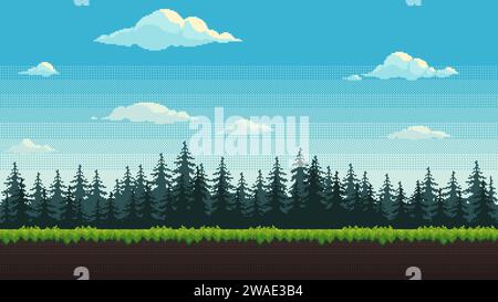 Forest pixel background. 2d pixel video game daytime with green grass, fir trees and clouds. Nature seamless landscape vector illustration Stock Vector