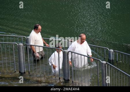 Baptismal site at Jordan river shore. Baptism of pilgrims  in Yardenit, Israel Stock Photo