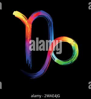 Capricorn zodiac sign, painted with large strokes of rainbow, bright, multicolor, luminescent, neon paint on black background. Zodiac symbol. Stock Vector