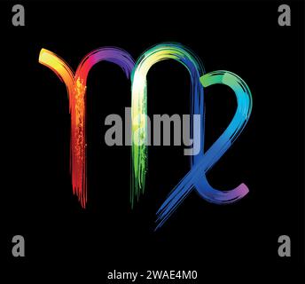 Virgo zodiac sign, painted with large strokes of rainbow, bright, multicolor, luminescent, neon paint on black background. Zodiac symbol. Stock Vector