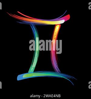 Gemini zodiac sign, painted with large strokes of rainbow, bright, multicolor, luminescent, neon paint on black background. Zodiac symbol. Stock Vector
