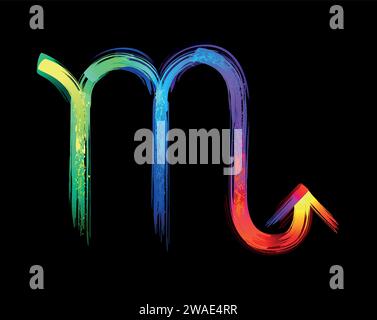Scorpion zodiac sign, painted with large strokes of rainbow, bright, multicolor, luminescent, neon paint on black background. Zodiac symbol. Stock Vector